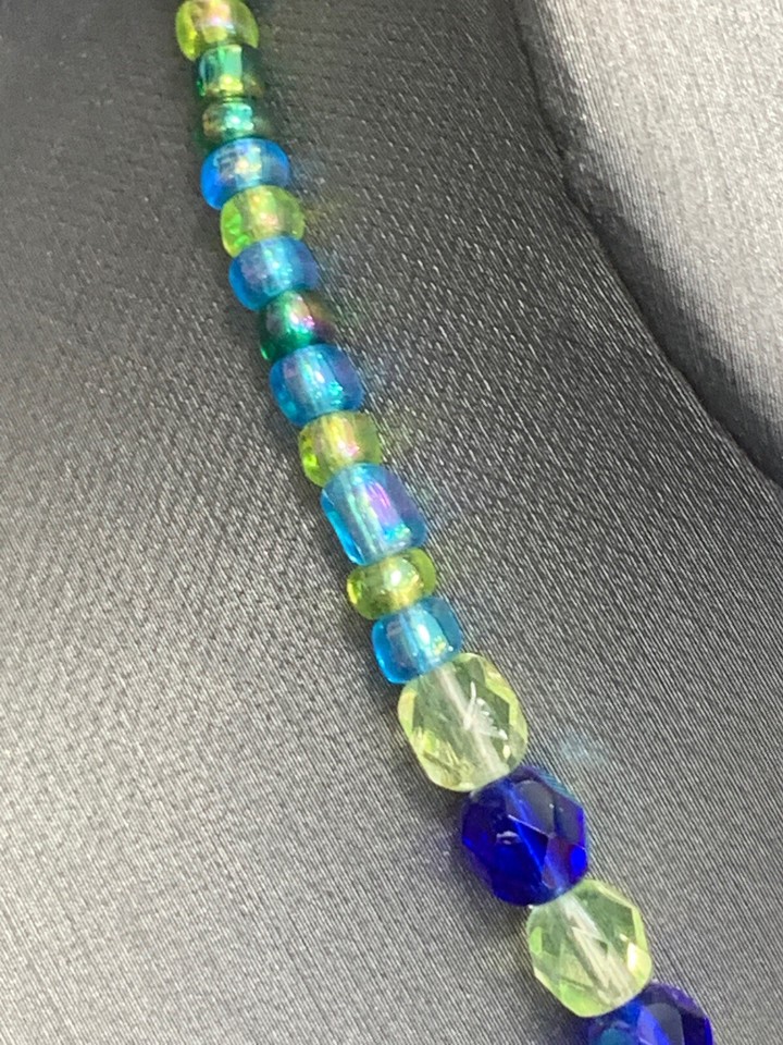 VINTAGE 16” Amazing Blue Green Clear Crystal Beaded Flower Girl