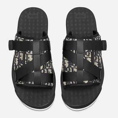 Dior Men Alpha Sandal Beige Black Oblique Jacquard Logo Slide UK44 US 10.5/11