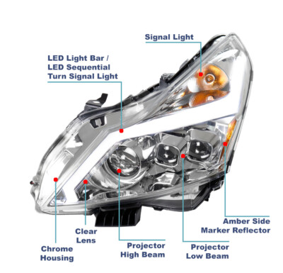 For 2010-2013 G37 Sedan LED Tube Projector Chrome Headlights