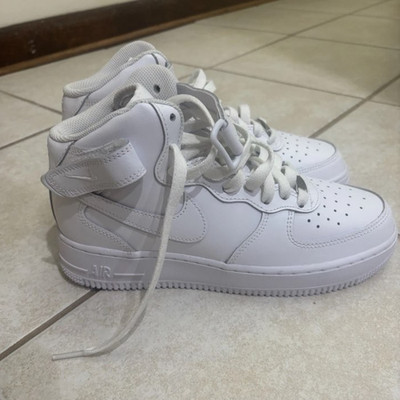 Nike Air Force 1 White Leather High Top Lace-Up Sneakers Unisex Kids 6Y