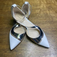 Nicholas Kirkwood Ballet Flats Ankle Strap White Silver Pointy Toe Shoes 8.5