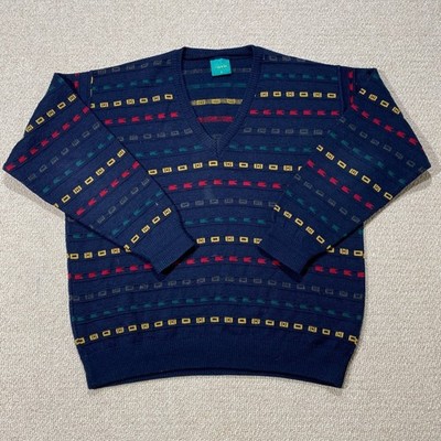 VINTAGE Muster Pullover Herren Large Navy Blau Multi Coogi Style 3D Strickpullover