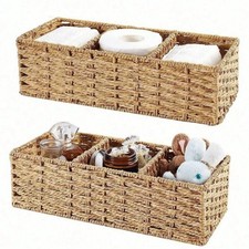 3 Compartment Woven Storage Basket Paper Rope Willow Toilet Tank Organizer