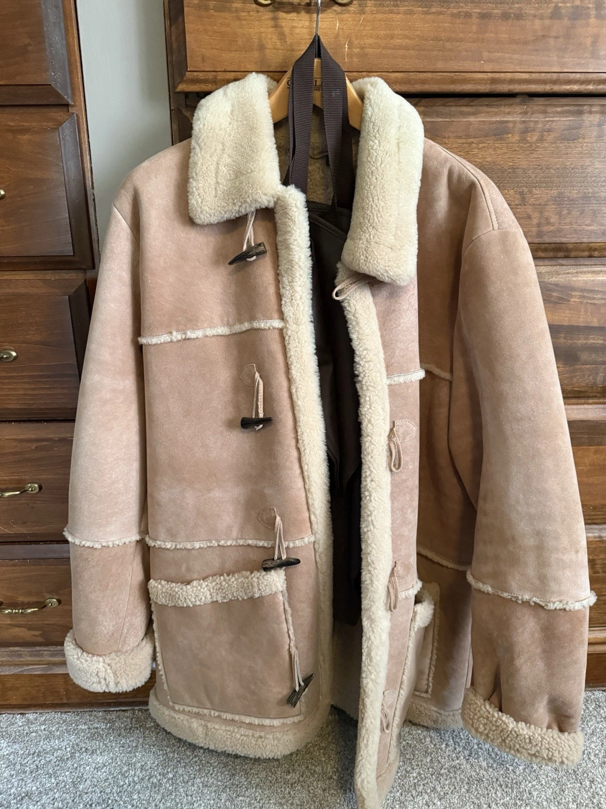 Overland Men's Sheepskin Rancher Coat Lined Pockets Button Brown Beige - Size 46 - product detail image 1