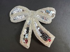 Large Vintage Beaded Sequin Embroidered Silver Bow Patch Trim Embellishment