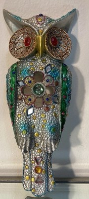 Owl Wall Hanging Bejeweled Ornate Glass Metal Mirrored Painted 1Ft High Pristine