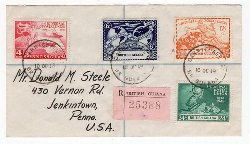 BRITISH GUIANA 1949 UPU OMNIBUS SET ON REGISTERED CARMICHAEL ST FDC TO USA