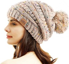 Women Winter Pom Pom Beanie Hat Warm Fleece Lined Knit Ski Cap Soft Thick