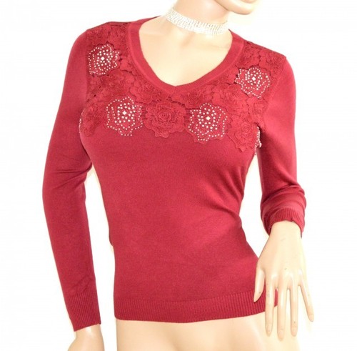 MAGLIETTA ROSSA donna maglia manica lunga sottogiacca maglione strass F90 |  eBay