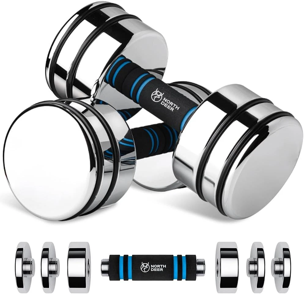 Adjustable Chrome Dumbbells with Foam Handles - 5 to 50 Lbs for Home Gym