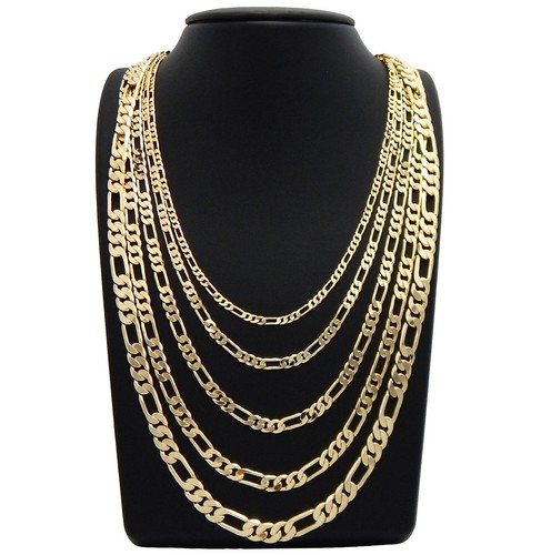Men italian Figaro link Chain 14k Gold Plated 3mm to 7mm 18" 20" 24" 30 Necklace - Picture 1 of 4