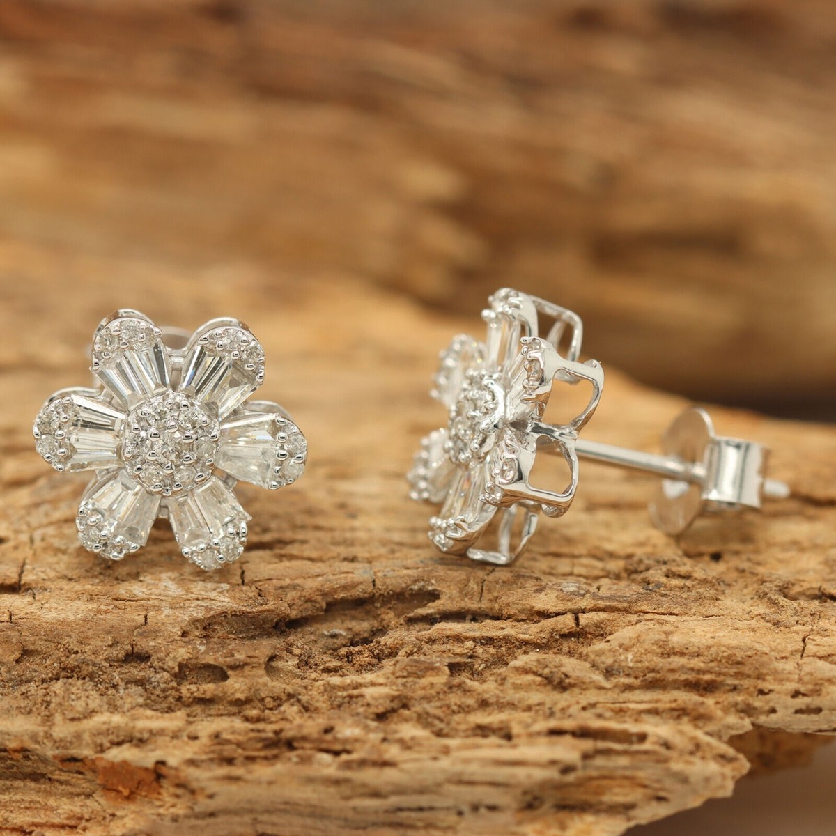 CT Baguette Cut Natural I2 H Diamond Flower Stud Earrings 14K