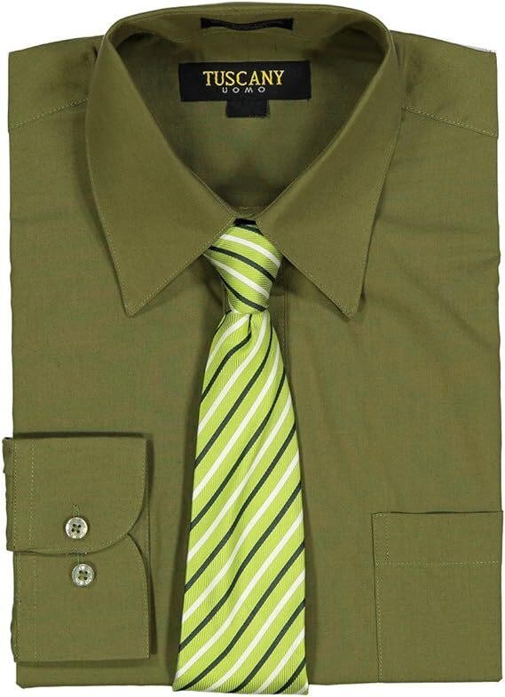 Tuscany Men's Solid Grey Regular-Fit Long-Sleeve Dress Shirt with Mystery Tie Set TC102