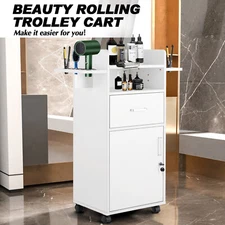 White Rolling Salon Trolley Cart Stylist w/ Drawer Lockable Cabinet Wheel Holder