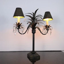 Vtg Pineapple Palm Bouillotte Table Lamp 2-Arm Candelabra Regency Tole Crystals