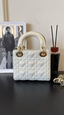 Dior Lady Dior Mini Bag White Heart Cannage Lambskin Gold Hardware
