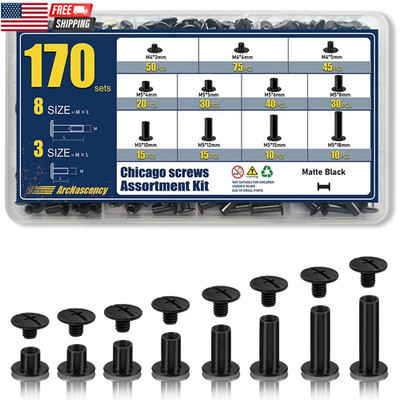 170 Sets Matte Black Chicago Screws for Leather Rivets Kit, 8 Sizes M5X4-18Mm Ri