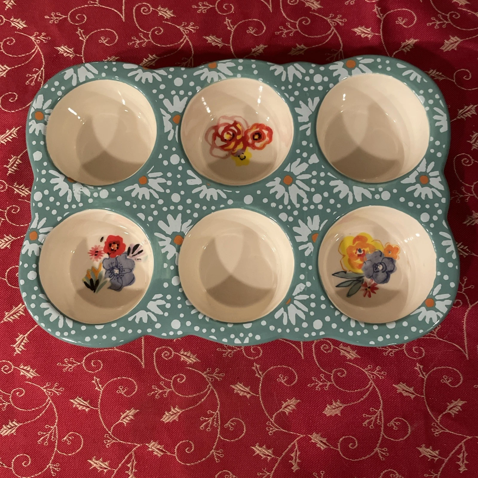Vintage Pioneer Woman Ceramic Muffin or Cupcake Pan Teal Green With Flowers