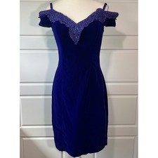 Zum Zum Blue Velvet Corset Formal Dress Off Shoulder Lace Trim Prom Size 9/10