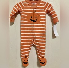 Carters Halloween Pumpkin 6 Month Sleeper Orange/white Stripe Fleece