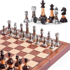 Chess Set Large 16''Folding Wooden Board with Deluxe Weighted Acrylic Chess