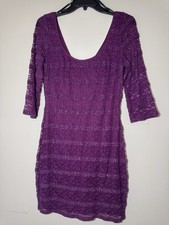 GUESS Purple Lace Bodycon Dress, Bell Sleeves, Glitter Accent, Size 8