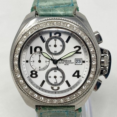Freelook Chronograph Watch Women 41mm Silver Tone Crystals Date 100M New Battery