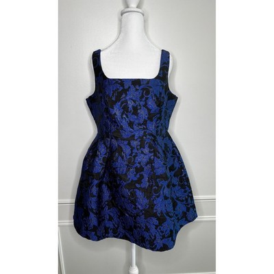 Lulus Blue Black Metallic Floral Brocade Square Neck Mini Dress Women's Large