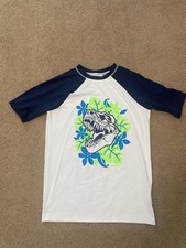 Lands End Swim Shirt Boys Extra Large Rash Guard Dino T-Rex White And Navy