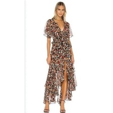 MISA LA Katarina Maxi Dress Tiered Ruffle Floral Orange Black Romantic Boho XS