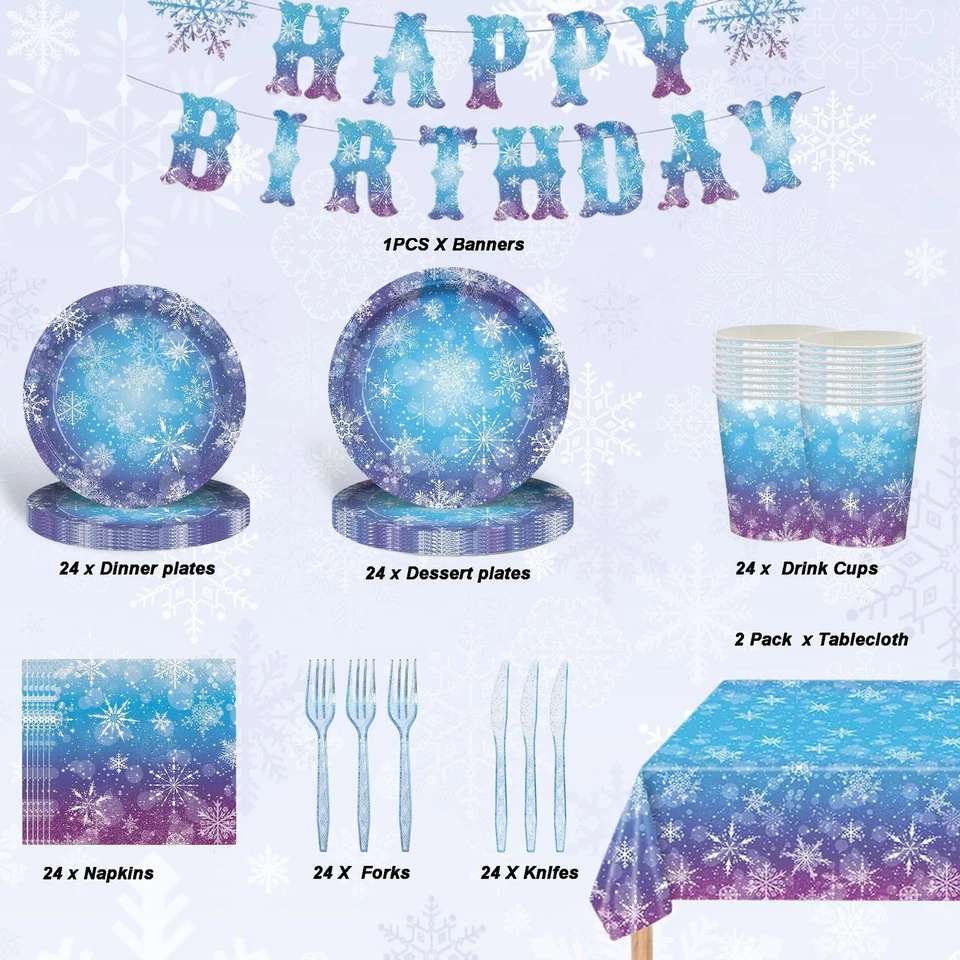 Suministros de platos de fiesta congelados, copo de nieve azul y púrpura Winter Wonderland Dis... Foto 3 de 4