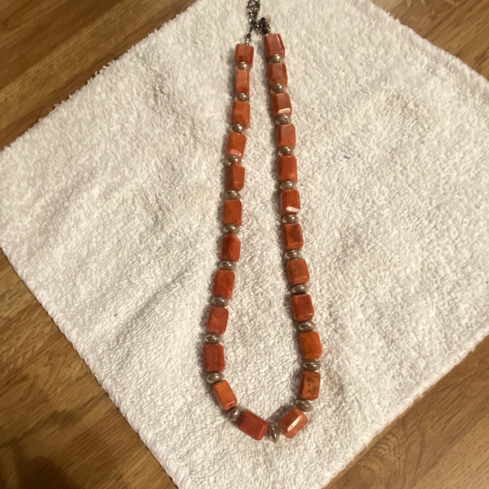 Red rectangular coral Beaded Necklace with sterli… - image 1
