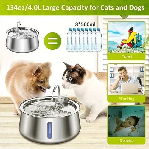 Cat Water Fountain,4L Automatic Stainless Steel Pet Fountain with LED Light Wate - Picture 2 of 7