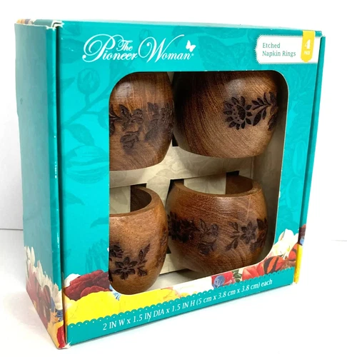 Pioneer Woman Etched Floral Wooden Napkin Rings Brown Set of 4