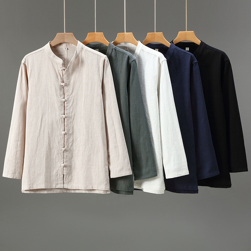Veste Chemise Homme Style Kung Fu - Col Mao, Boutons Grenouille, Mélange Lin, Vintage