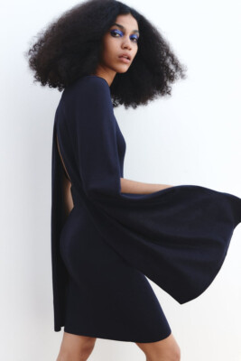 NEW ZARA KNIT DRESS WITH CAPE DETAIL Navy Blue 2893/027 Size S