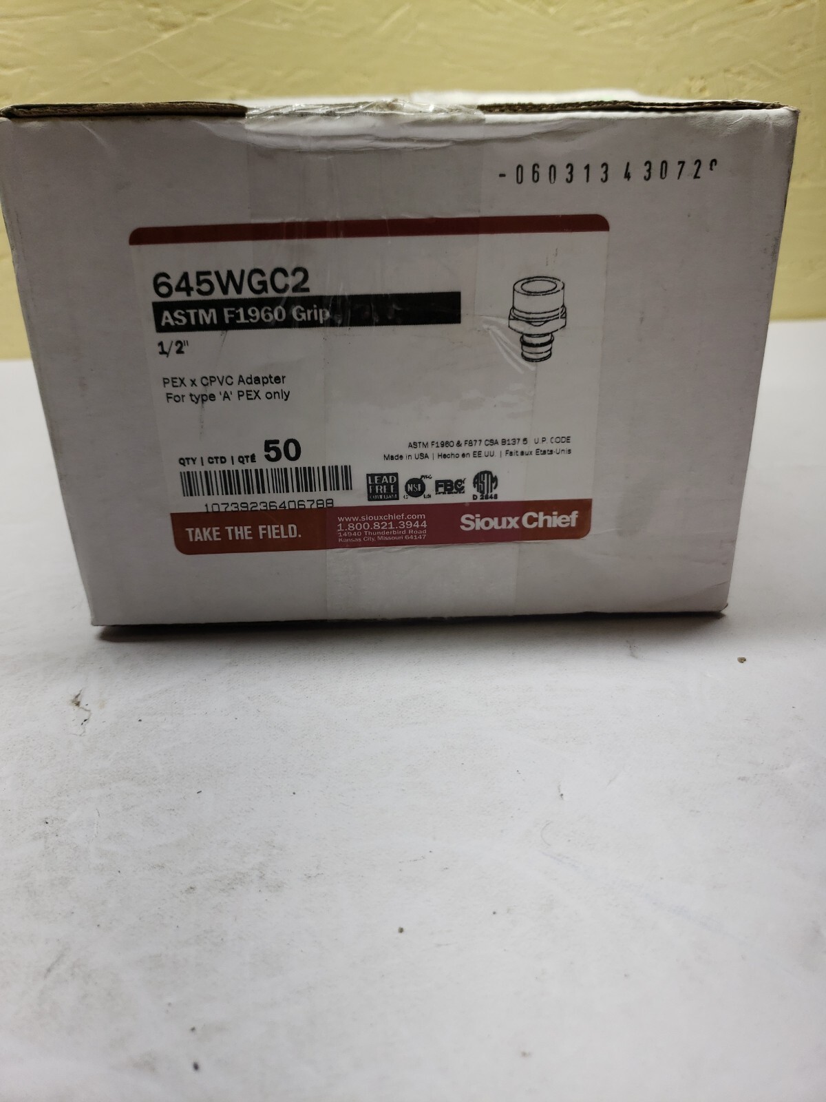 Box Of 50 Siouxchief 645WGC2  ASTM F1960 GRIP 1/2" PEX x CPVC Adapter