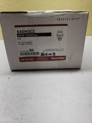 Box Of 50 Siouxchief 645WGC2  ASTM F1960 GRIP 1/2" PEX x CPVC Adapter