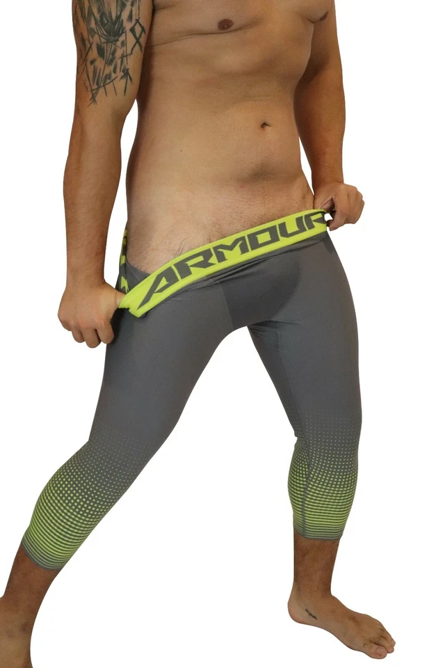 New Mens Under Armour 3/4 Compression Tights Grey Yellow  L XL 2XL Gym Sale  - Image 2 of 4