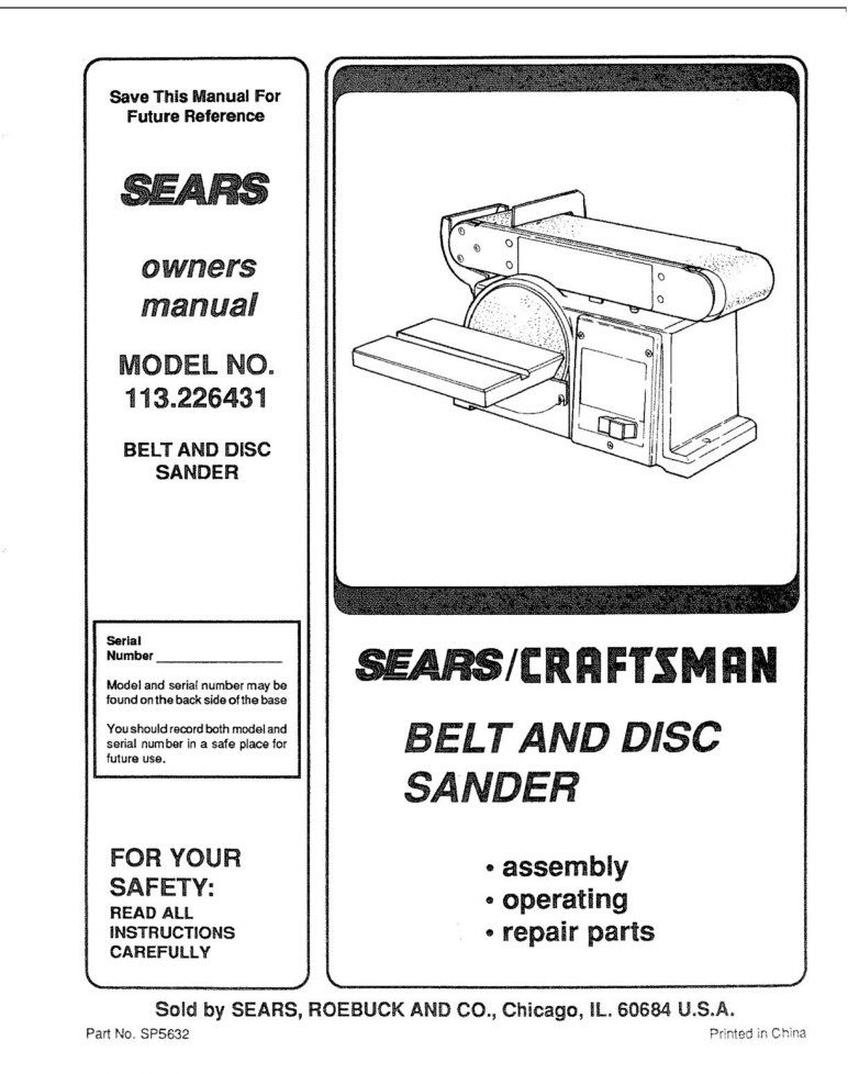 Craftsman 113.226431 Belt & Disc Sander Owners Instruction Manual eBay