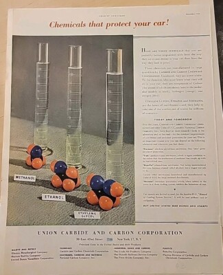 1944 Union Carbide Chemicals Protect your car methanol ethanol vintage ad
