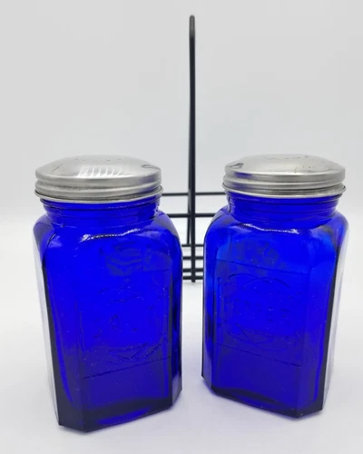 VTG Cobalt Blue Glass Depression Style Salt/Pepper Shakers Embossed W/ Caddy