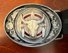 Vintage 1991 Siskiyou Buckle 3D Pewter Cow Skull Feathers w/Black Leather Belt M