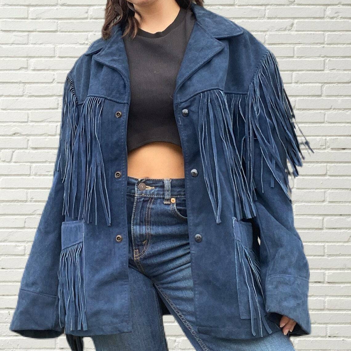 Women Blue Suede Leather Jacket With Fringes - American Women Blue Suede Leather Jacket With Fringes - American