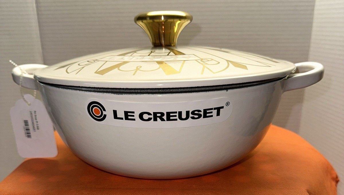 Le Creuset White w/gold design. Art Deco Soup Pot. 3.5 qt Cast