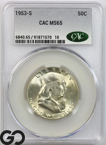 1953-S Franklin Half Dollar, CAC MS-65 ** Gorgeous Mint Luster!