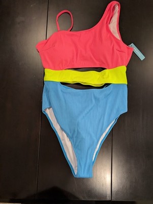Popvil Colorblock One-Shoulder Bikini Set Pink/Blue/Yellow High-Waist XXL