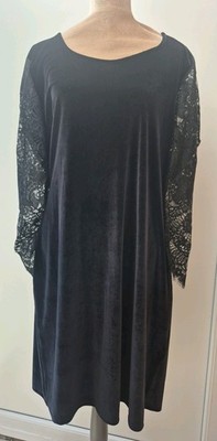 Joe Browns Size 18 Black Velvet Touch Dress Long Floral Lace Sleeve Stretch Plus