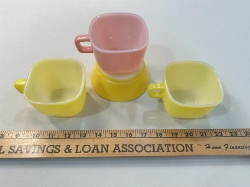 Vintage Glasbake Square Mug Trio Yellow Pink Plus Fire King Fireking 5” Bowl