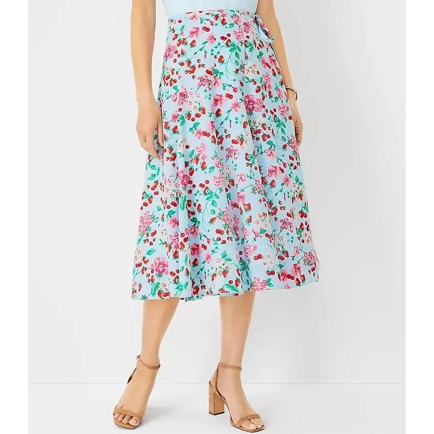 NUEVO CON ETIQUETAS Falda Midi Envolvente Floral Ann Taylor Talla 0 Estampado Fresa Cereza Colorida Foto 2 de 4